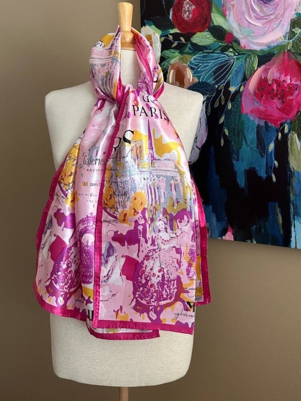 Pink Paris Satin Scarf French City Print Oversized Silky Wrap